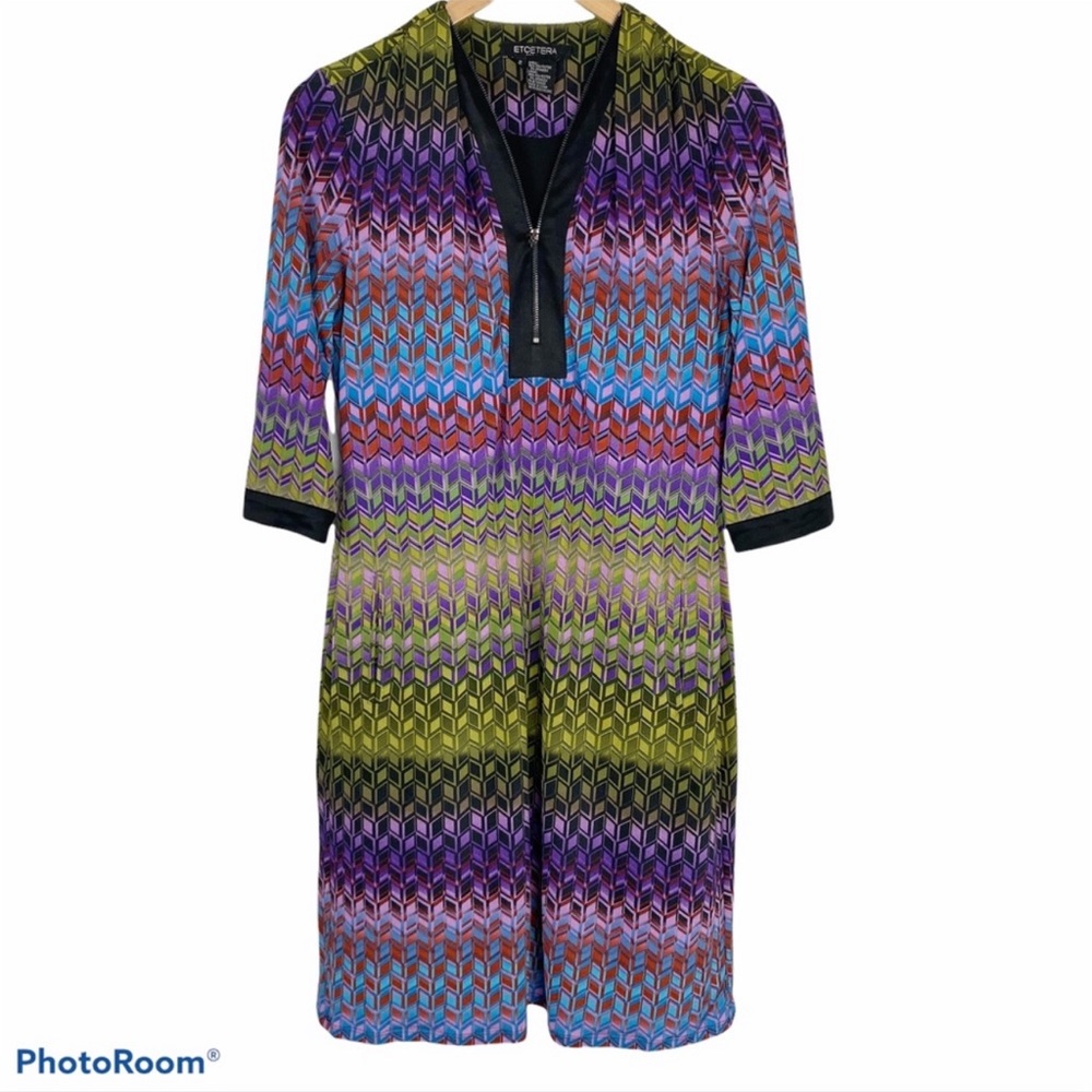NWT ETCETERA Bright Bold Geometric Print Shift 70’s Dress 2